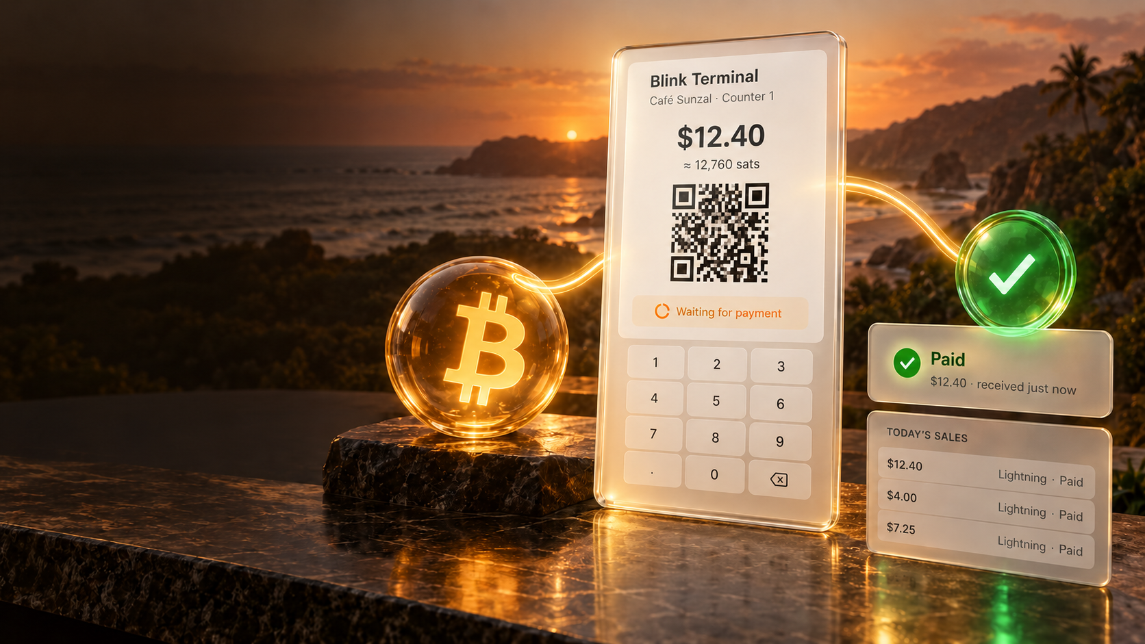 Golden Bitcoin and green confirmation spheres connected to a glass checkout over a warm coastal horizon