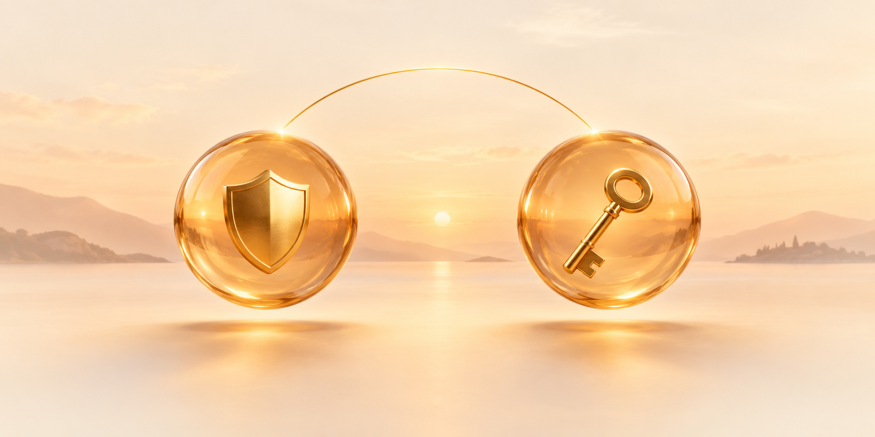 A shield and a key inside two luminous amber spheres connected by an arc of light