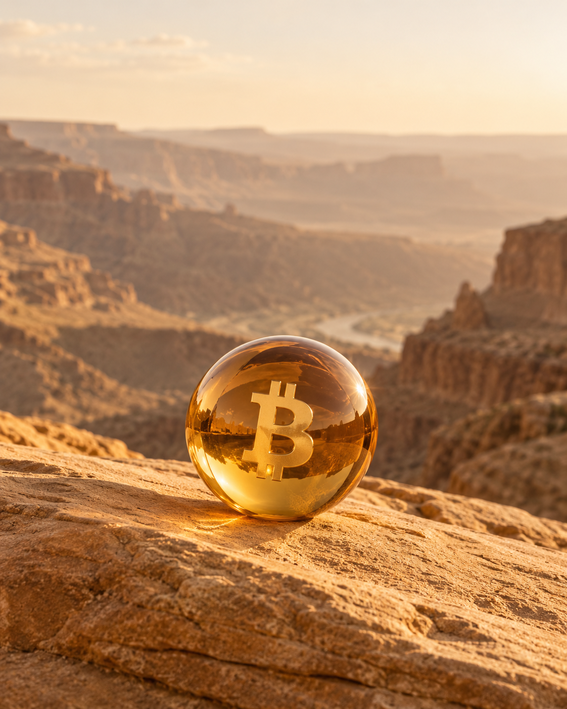 Esfera de vidro âmbar com símbolo Bitcoin sobre arenito, com um desfiladeiro ao fundo